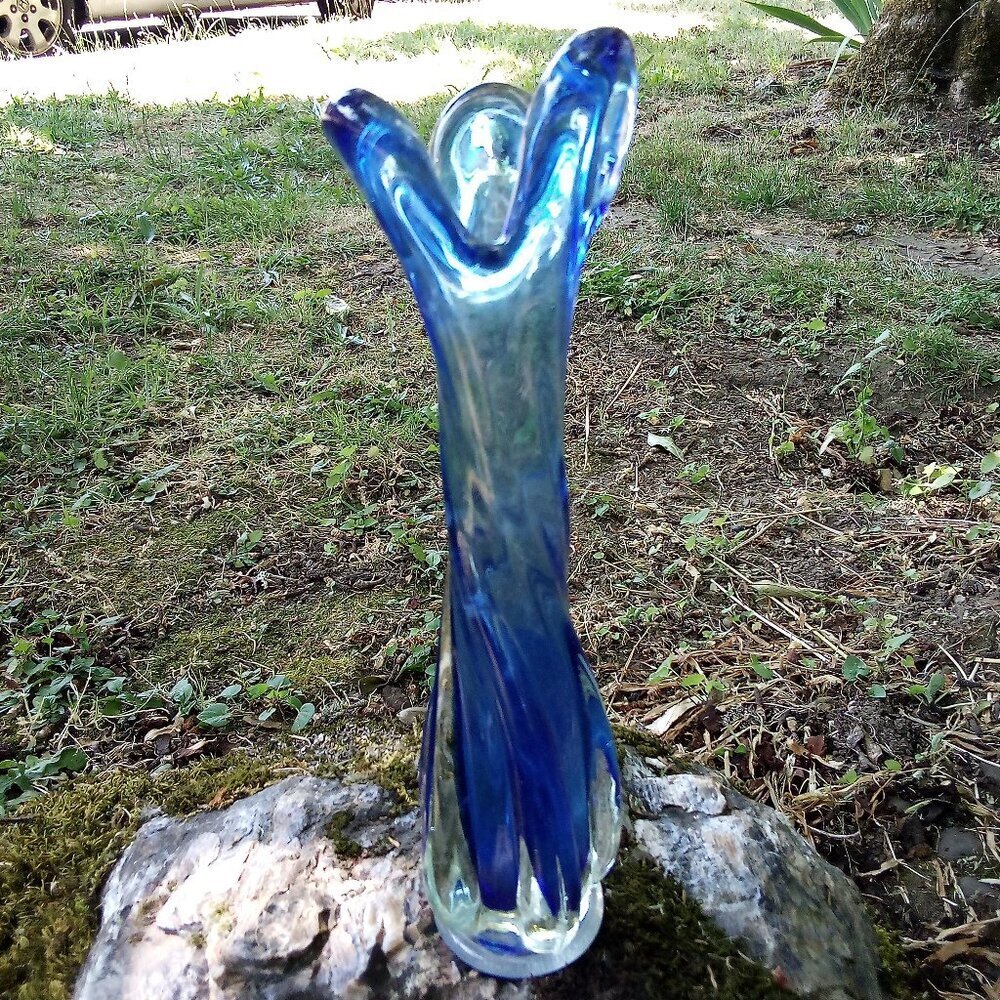 Vintage MCM 3 Finger Swung Vase Art Glass Cobalt Blue